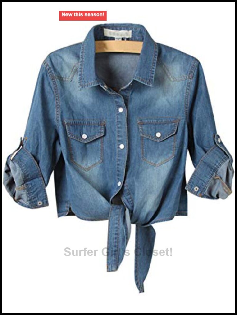 Women's Denim Button Down Shirt 3/4 Roll Up Sleeve Tie Front Crop Top